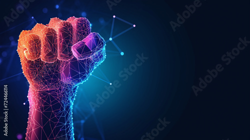   Concept of digital revolution or digital transformation, low-polygonal rising fist graphic with futuristic element  photo