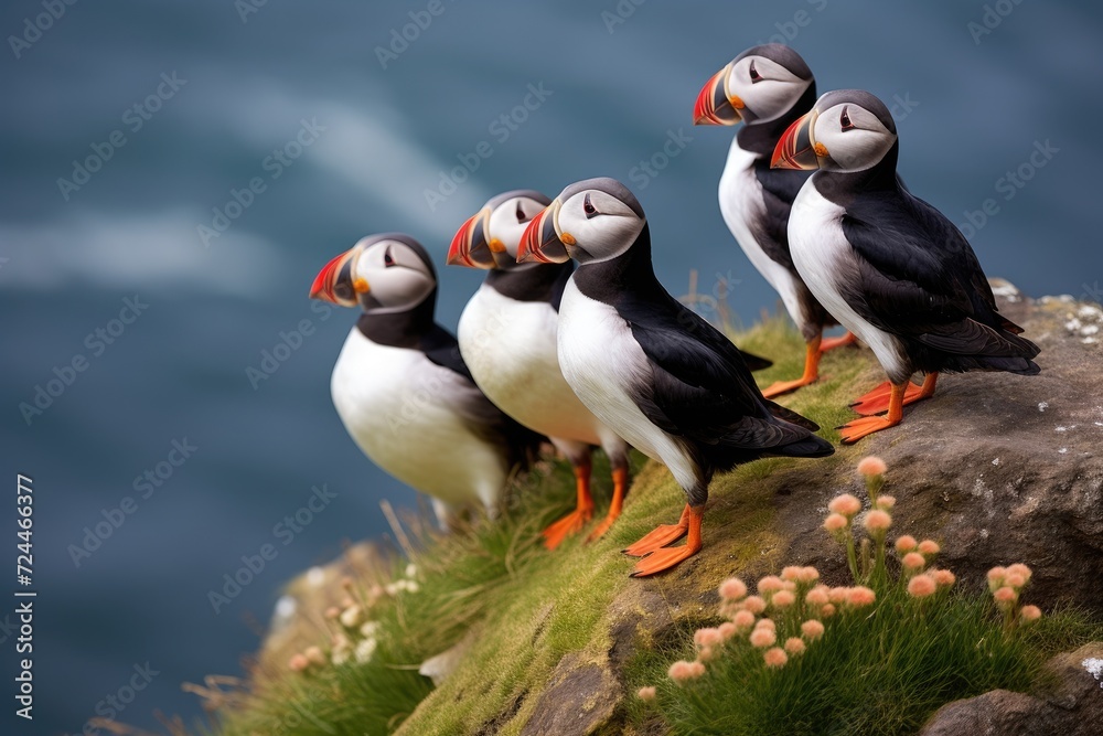 Naklejka premium A group of birds perched on top of a rocky cliff, observing the vast expanse of the horizon, Puffins, identified as Fratercula arctica, gather in a group on a cliff, AI Generated