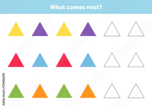 What comes next figures. Educational logical game for kids. Complete the sequence. Activity page for children.