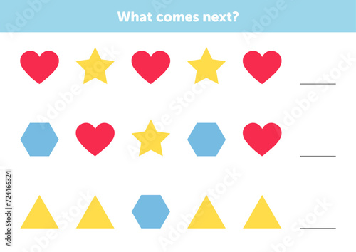 What comes next figures. Educational logical game for kids. Complete the sequence. Educational logical game for kids.
