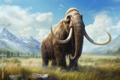 A powerful mammoth stands gracefully in a wide, open field, framed by majestic mountains, Prehistoric mammoth, an ancient giant creature, AI Generated