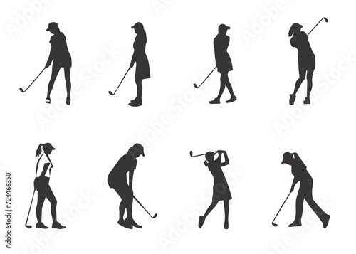 woman playing golf in various poses isolated vector silhouette on white background