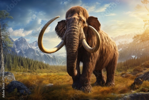 A mammoth slowly walks through a dense forest, surrounded by towering trees, Prehistoric mammoth, an ancient giant creature, AI Generated