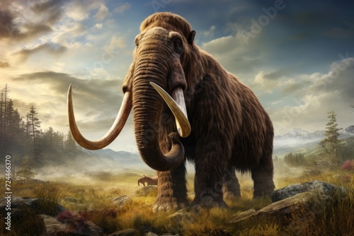 A majestic wooly mammoth stands in a vast field of green grass, Prehistoric mammoth, an ancient giant creature, AI Generated © Iftikhar alam