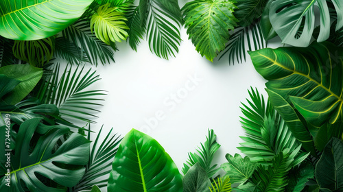 Compose an elegant leaf arrangement to create a captivating background  featuring a central white board for copy space