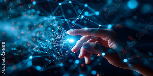 A hand touches light points in the direction of a technology network and interconnected lines. Symbolizing the concept of digital transformation, blockchain technology, and future networks. photo