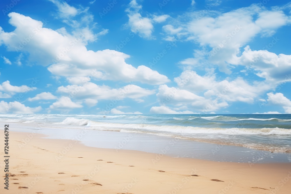 A serene sandy beach with clear footprints leading towards the calm ocean waves, Sandy beach, ocean, and a beautiful sky in the landscape view, AI Generated A serene sandy beach with clear footprints leading towards the calm ocean waves, Sandy beach, ocean, and a beautiful sky in the landscape view, AI Generated