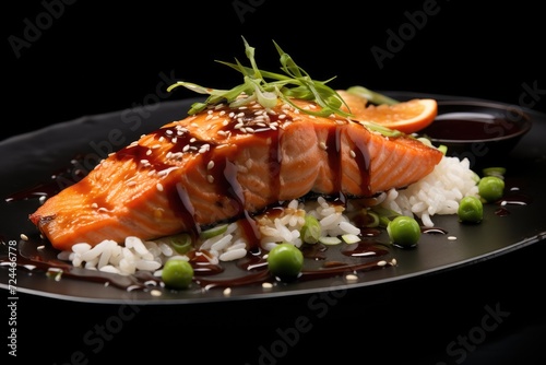 A mouthwatering dish consisting of salmon and rice, served on a black plate, a perfect blend of flavors and textures, Salmon soy sauce meal served, AI Generated