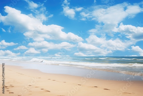 A serene sandy beach with clear footprints leading towards the calm ocean waves, Sandy beach, ocean, and a beautiful sky in the landscape view, AI Generated