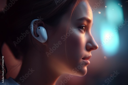 Woman wearing wireless earphones. Lady with white modern remote headset accessory. Generate ai