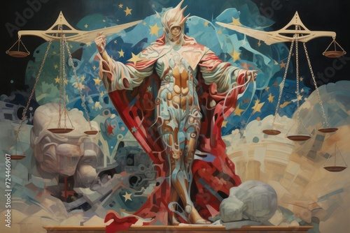 A magnificent painting capturing the Lady Justice statue, symbolizing the principles of justice, fairness, and neutrality, Seeking justice, AI Generated photo