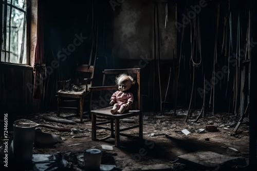A Horror doll sits on a chair in a abandoned destroy house with copy space