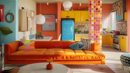 Mid-Century Modern Interior living room. Bold geometric patterns and vibrant hues define the space, a chrome fireplace and plush velvet sofa for a cozy.