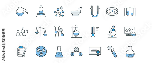 Chemical Laboratory line icons set. Flask, mortar, pestle, scale, molecule, test tube, flask, retort, burner, flame, certificate, petri dish vector illustration in gray and blue. Editable stroke