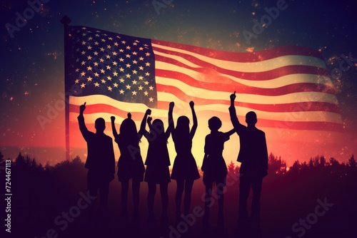 A diverse group of individuals standing together in front of an American flag, Silhouette of guys and girls waving American flags, AI Generated