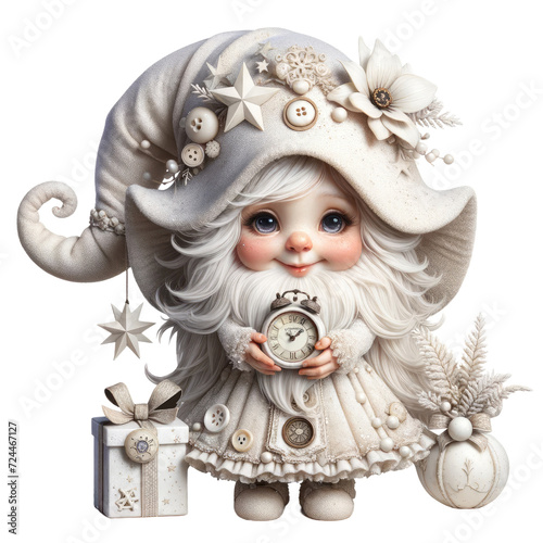 Charming illustration of gnomes in white clothes for the New Year festival. Accessorize with starry hats and seasonal decorations.