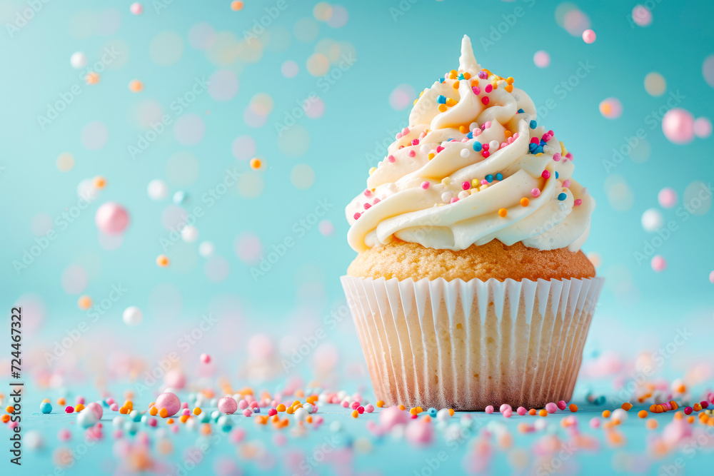 A beautiful cupcake with blue and pink toppings. A beautiful cupcake with blue and pink toppings.