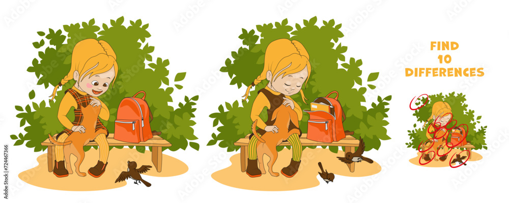 Find differences. Cartoon illustration of a schoolgirl sitting on a bench and petting a puppy. Attention task for school readiness.
