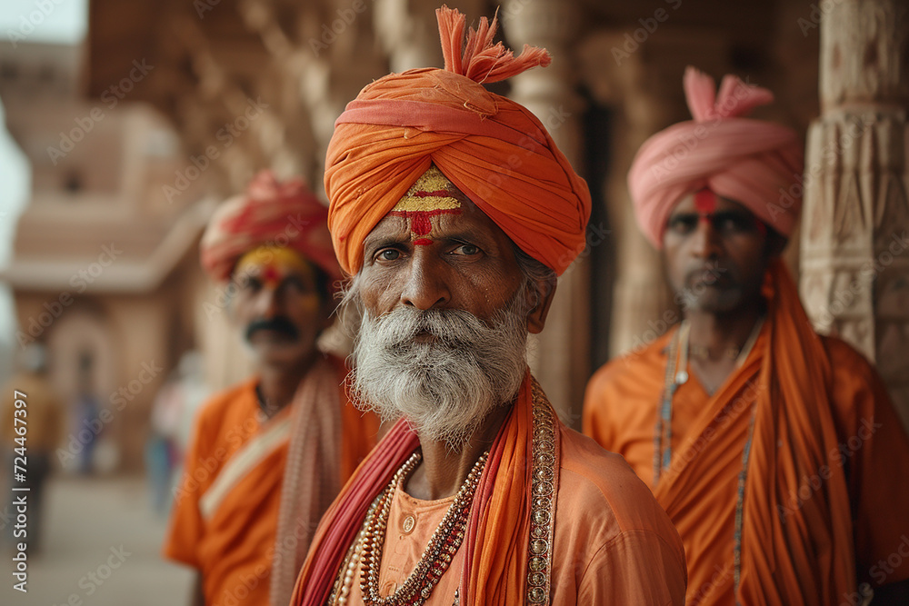 Generative AI Image of Three Old Indian Man Wearing Orange Traditional Clothes