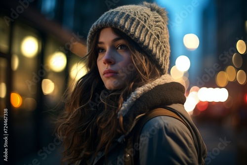 young woman wearing warm clothing walking city street during winter, spring, autumn. cool, rain. jacket, hat, scarf, city lights. pensive, sad girl. woman from film puzzled person, decisiveness moment