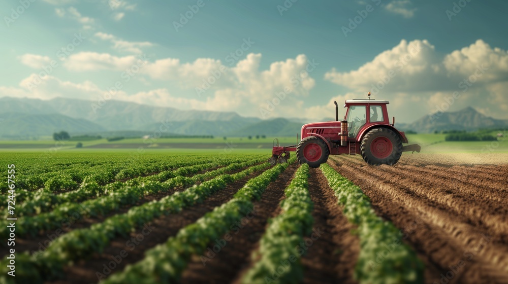 Tractor in an agricultural field, symbolizing the essence of farming, cultivation, and plant growth Tractor in an agricultural field, symbolizing the essence of farming, cultivation, and plant growth