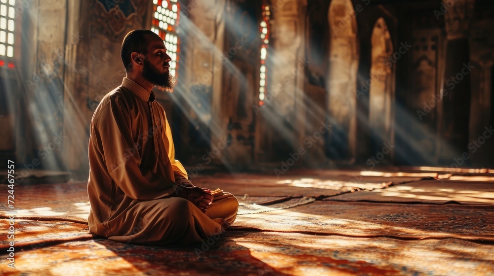 Fototapeta premium Young muslim man prayer hijab pray to God on blur mosque background concept for eid mubarak, life and soul fasting of international islamic ramadan sunlight.