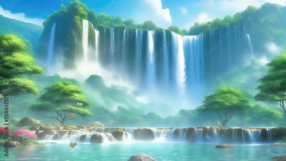 Beautiful waterfall animation cartoon style. Seamless looping 4K virtual video animation background