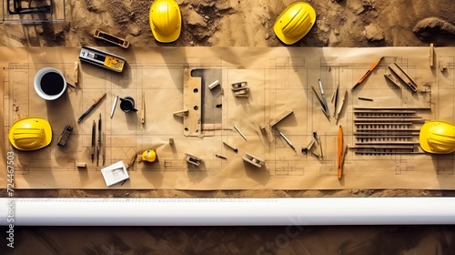 Top view of building map and helmet architect table view