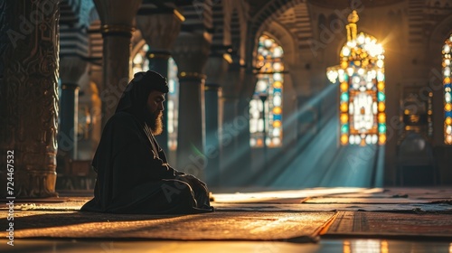 Young muslim man prayer hijab pray to God on blur mosque background concept for eid mubarak, life and soul fasting of international islamic ramadan sunlight.