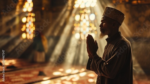 Young muslim man prayer hijab pray to God on blur mosque background concept for eid mubarak, life and soul fasting of international islamic ramadan sunlight.