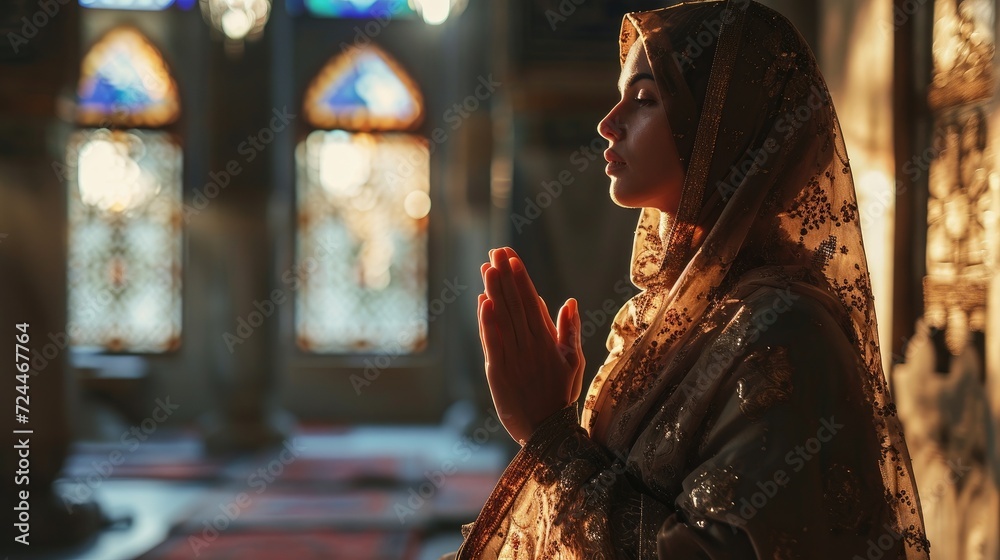 Young muslim woman prayer hijab pray to God on blur mosque background concept for eid mubarak, life and soul fasting of international islamic ramadan sunlight Young muslim woman prayer hijab pray to God on blur mosque background concept for eid mubarak, life and soul fasting of international islamic ramadan sunlight