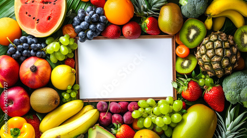 Compose an enticing backdrop using potassium-rich fruits  incorporating a central white board for copy space