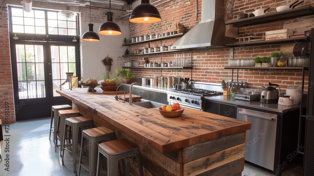Picture of Industrial loft interior with brick walls, salvaged wood furniture ...