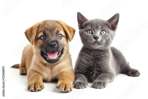 Portrait Of Bouncing  Happy Puppy And Gray Cat On White Background