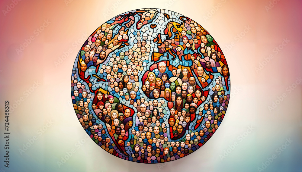 Mosaic World: Globe of Diverse Human Faces from different ethnic backgrounds, genders and ages. Each face is showcasing a rich tapestry of human diversity emphasizing unity and inclusion. Mosaic World: Globe of Diverse Human Faces from different ethnic backgrounds, genders and ages. Each face is showcasing a rich tapestry of human diversity emphasizing unity and inclusion.