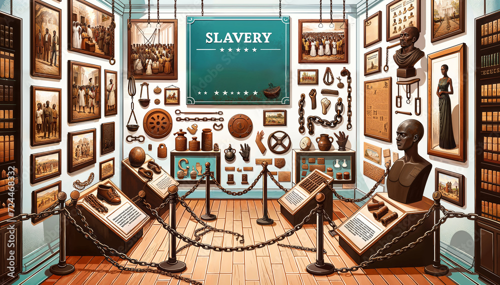 Illustration of a museum exhibit showcasing the history of slavery, with artifacts, chains, and plaques, and a sign highlighting 'International Day for the Abolition of Slavery'. - obrazy, fototapety, plakaty 