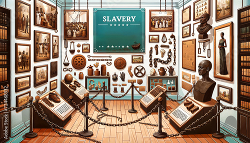 Illustration of a museum exhibit showcasing the history of slavery, with artifacts, chains, and plaques, and a sign highlighting 'International Day for the Abolition of Slavery'. photo