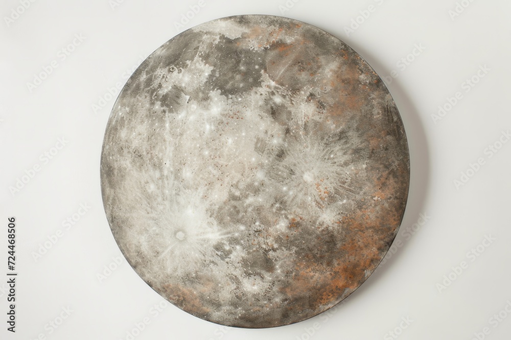Round Painting Of Light Gray Moon With Acrylic Paints In Browngray Tones With Bronze On White Background Round Painting Of Light Gray Moon With Acrylic Paints In Browngray Tones With Bronze On White Background