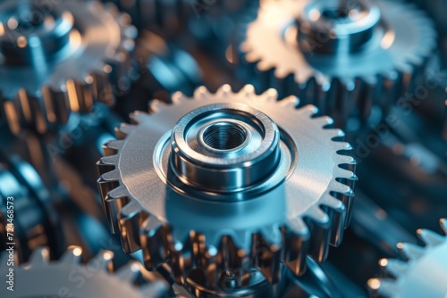 Silver Gear Wheels On Industrial Background With Mechanical Components, Up Close