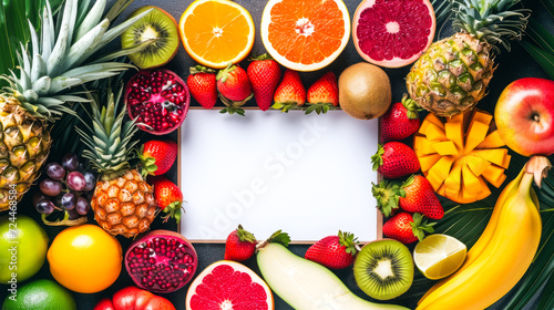 attractive background using fruits rich in vitamin B  placing a central white board for copy space