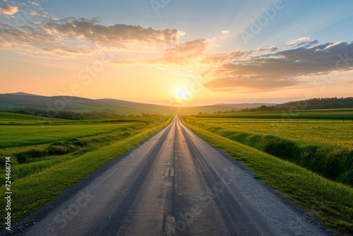 Straight Country Road And Green Farmland At Sunrise