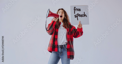 A woman holds a megaphone and a sign says 