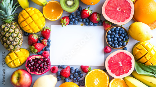 attractive background using fruits rich in vitamin B, placing a central white board for copy space photo