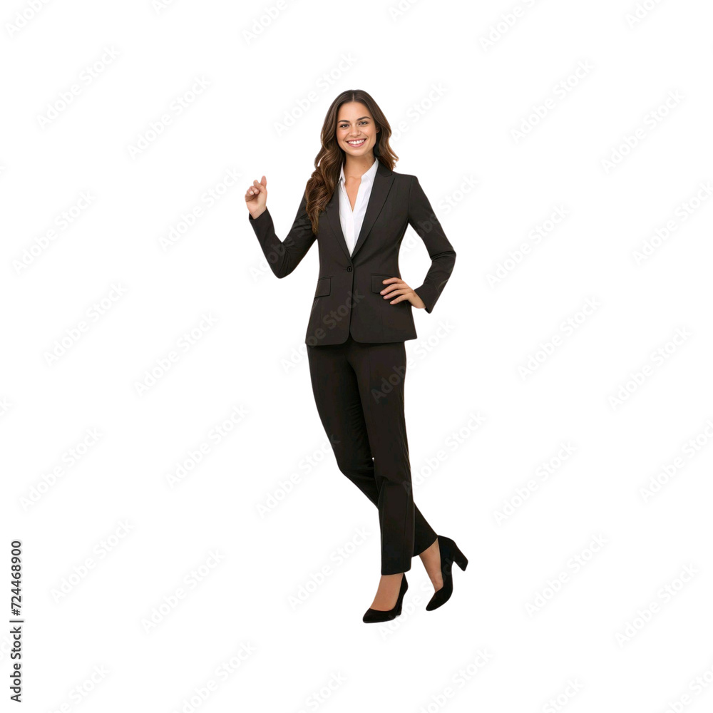 A confident businesswoman smiling and raising her arms in success while standing in a professional studio setting A confident businesswoman smiling and raising her arms in success while standing in a professional studio setting