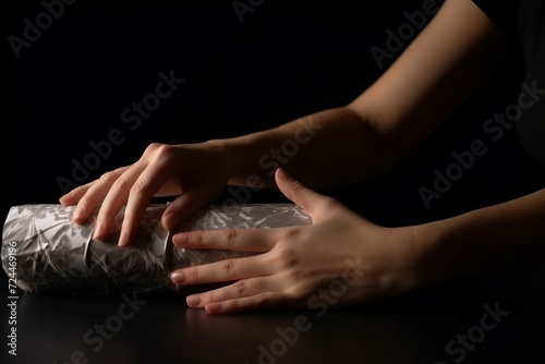 Wrapping paper hold stretch. Female hands prepared gift package. Generate ai © nsit0108