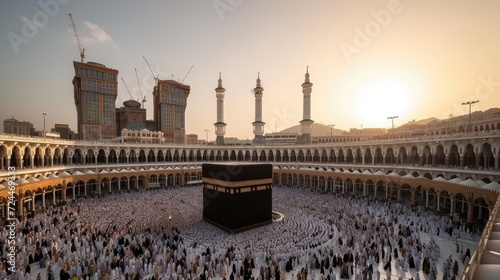 The majestic Kaaba in the middle of the Grand Mosque complex, surrounded by thousands of worshipers, creates an atmosphere full of solemnity and tranquility. AI Generated Images photo