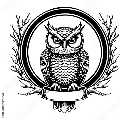 owl round emblem with ribbon, banner illustration