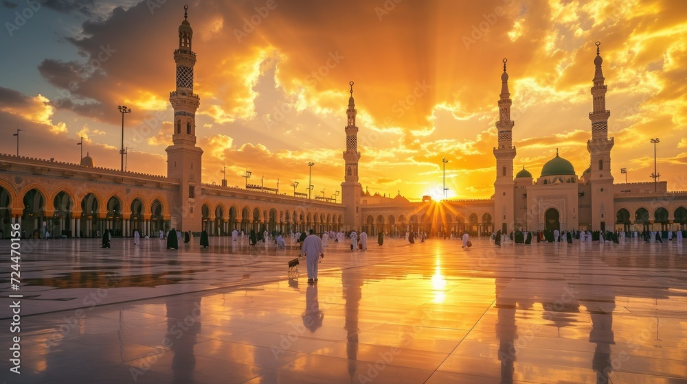 courtyard of the Prophet's Mosque in Medina at sunset, stunning golden orange color, Ai Generated Images