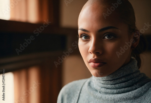 Portrait of a beautiful bald young African American woman in close-up with clean fresh skin