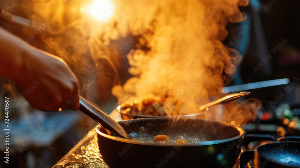 Person Cooking Food in Frying Pan on Stove Person Cooking Food in Frying Pan on Stove
